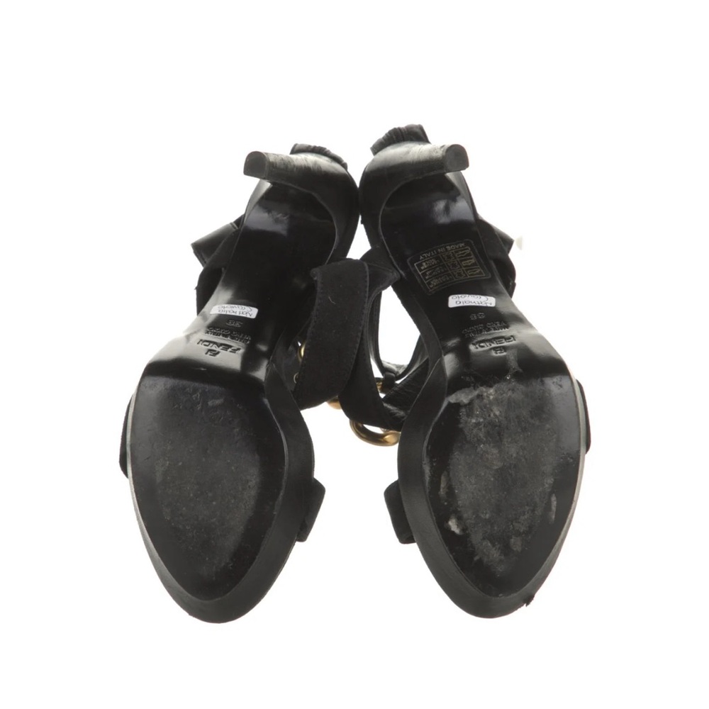 Fendi Zucca FF Logo Black High Heel Platform Sandals with Gold Chain Detail - Picture 2 of 2